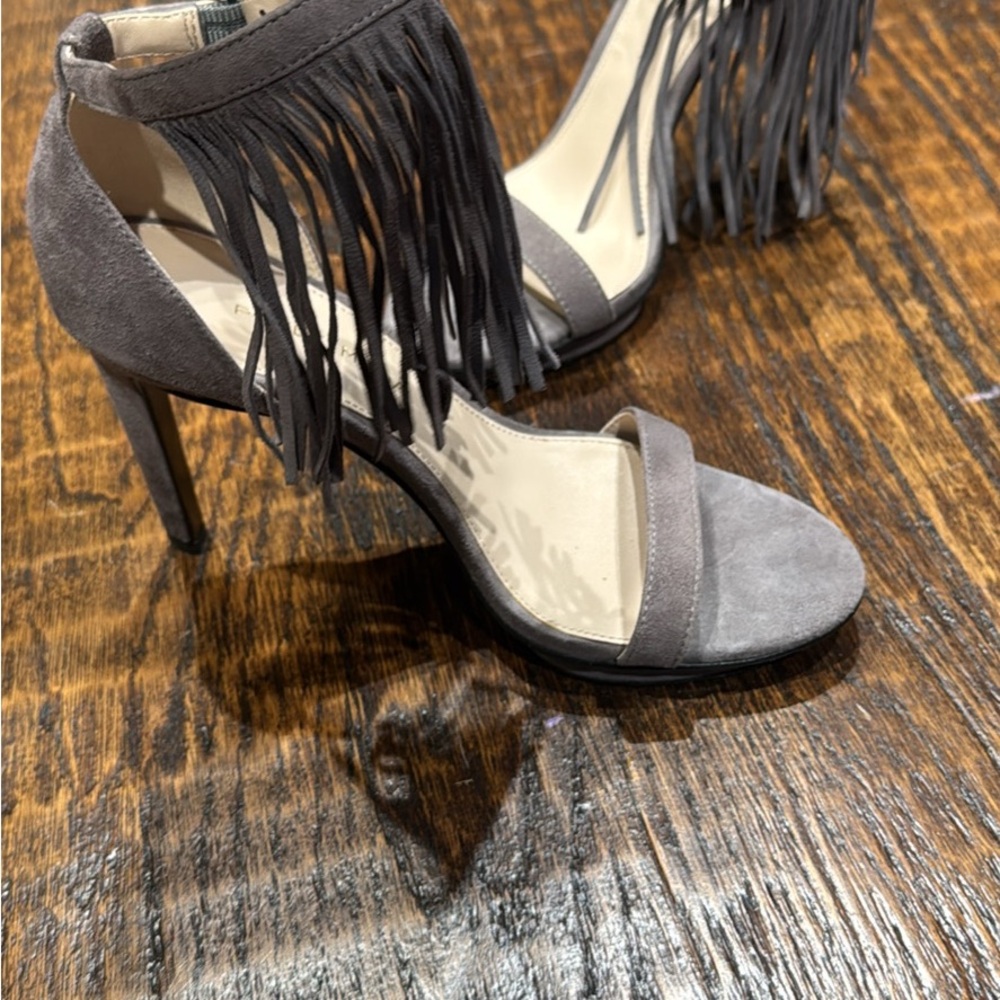 Pelle Moda Gray Suede Fringe Ankle-Strap Stiletto Sandals